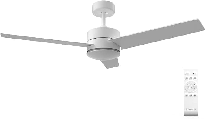 Ventilador de techo UNIVERSALBLUE | Ventilador de techo con luz | Ventilador silencioso con Motor DC | Aspas reversibles blanco y madera | Mando a distancia |