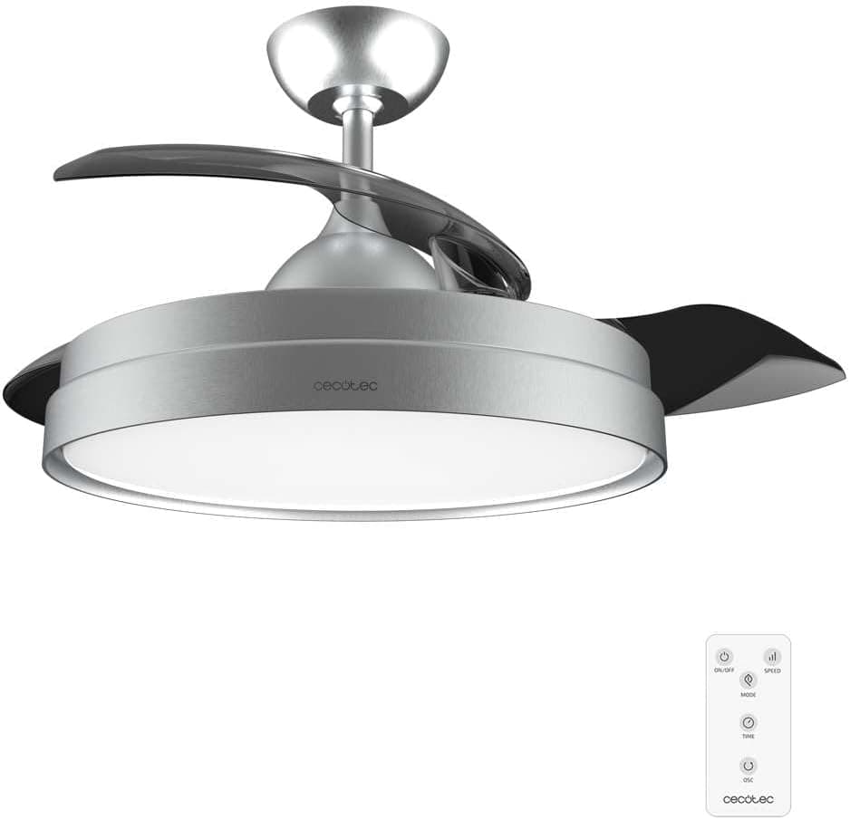 Ventilador de techo Cecotec Cecotec Ventilador de Techo con Aspas Retráctites y Lámpara EnergySilence Aero 4280 Invisible Steel. 40 W, Diámetro 42" (106cm), Temporizador, 3 Tonos de Luz, Función Verano-Invierno
