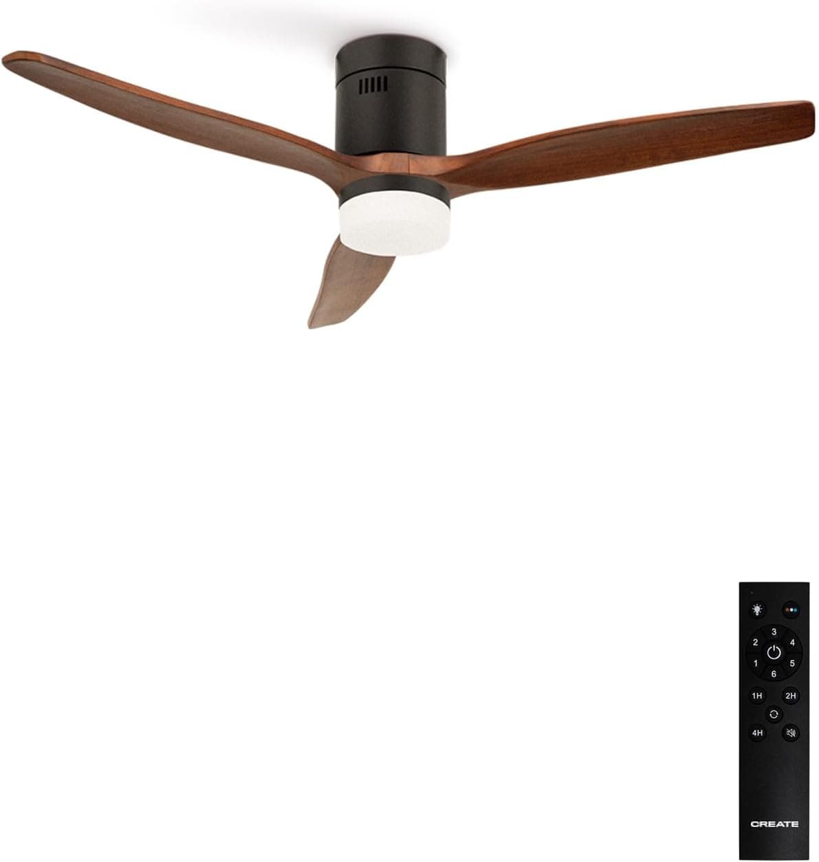Ventilador de techo CREATE CREATE / WINDCALM/Ventilador de techo ABS con luz negro aspas efecto madera oscura y mando / 40W, Silencioso, Ø132 cm, 6 velocidades, 3 temperaturas de luz, temporizador, función verano-invierno