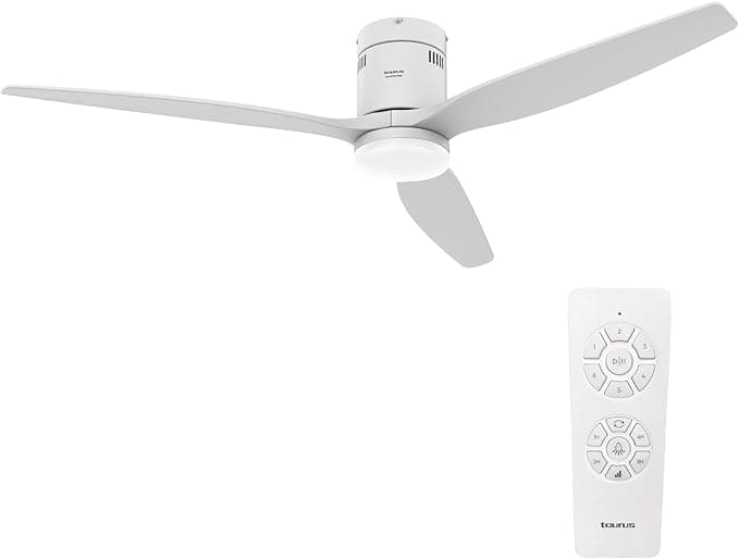 Ventilador de techo Taurus - Polar 3B PURE Ventilador de Techo con Mando a Distancia | 30 W | Madera Natural | Blanco | Ultra silencioso | 3 Aspas 132 de Diámetro | Función Verano-Invierno | Temporizador | LED
