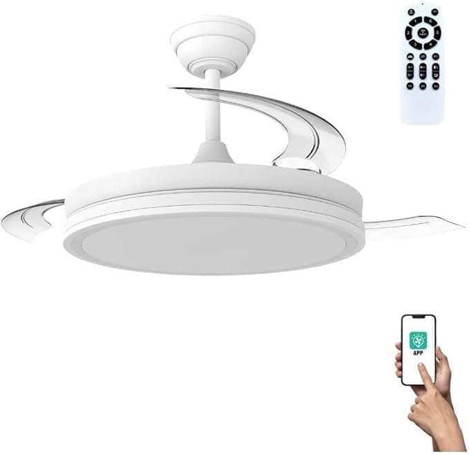 Ventilador de techo wonderlamp Ventilador LED aspas plegables Miso Evo Blanco 72W con Memoria de encendido, APP, Mando a distancia CCT 3000-4000-6000K, Intensidad Regulable, Silencioso