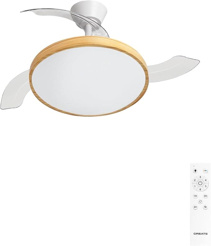 Ventilador de techo CREATE / WIND CLEAR STUDIO M/Ventilador de techo con luz blanco y madera clara con mando / 40W, Temporizador, Ø 108 cm, aspas retráctiles, 3 temperaturas de luz, función verano-invierno