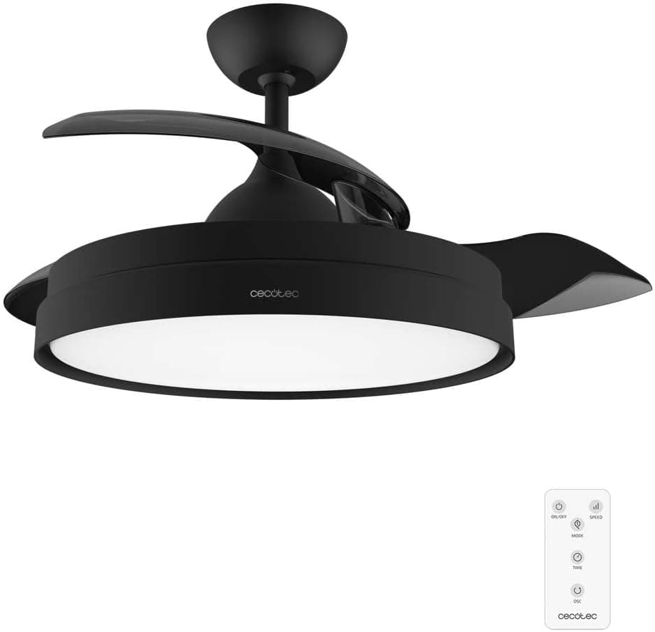 Ventilador de techo Cecotec Ventilador de Techo con Aspas Retráctites y Lámpara EnergySilence Aero 4280 Invisible Black. 40 W, Diámetro 42" (106cm), Temporizador, 3 Tonos de Luz, Función Verano-Invierno