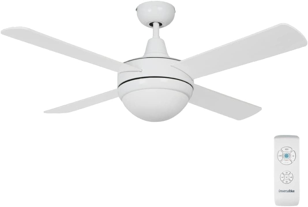 Ventilador de techo UNIVERSALBLUE UNIVERSALBLUE Ventilador de Techo Blanco Silencioso con Luz | Ventilador Aspas Reversibles Blanco Madera | Motor Eficiente | Mando a Distancia Control Remoto | Temporizador | Diámetro 106 cm