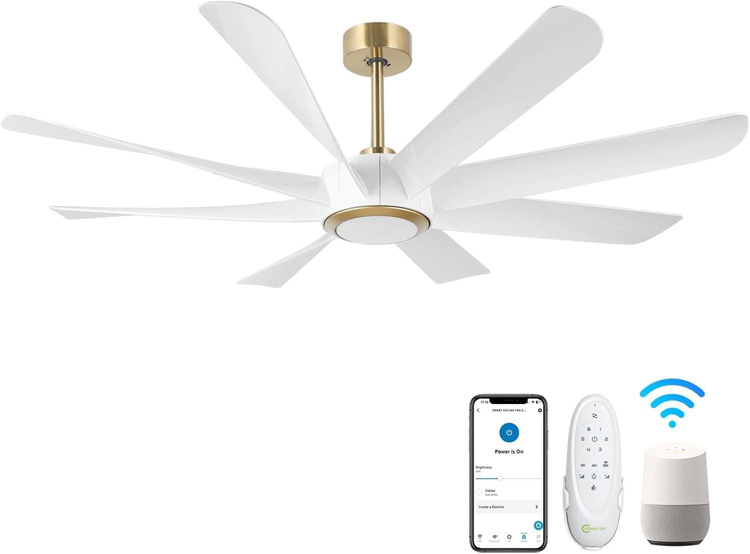 Ventilador de techo OFANTOP 152 cm Ventilador de techo Smart Modern con luz y mando a distancia para Salón, Comedor y Garaje, Blanco y dorado
