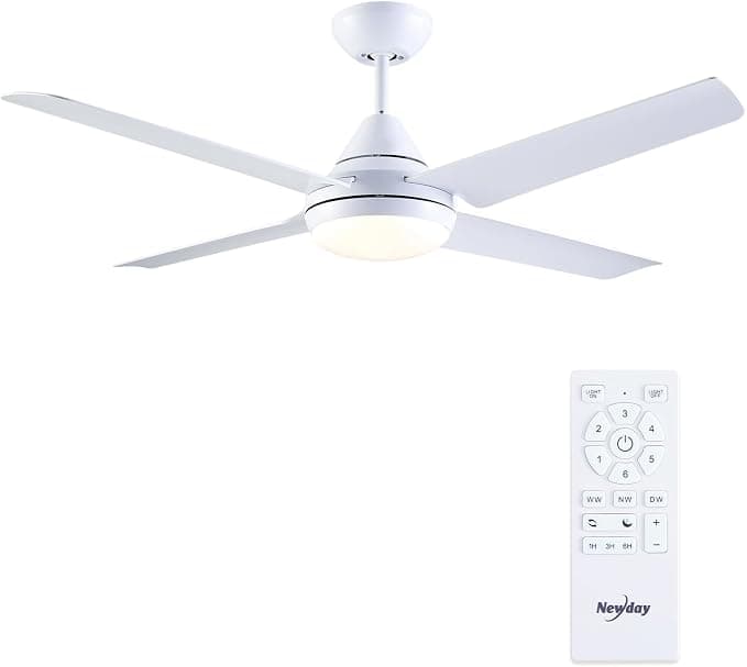 Ventilador de techo Newday 122CM Ventilador de Techo Blanco Con Luz y Control Remoto Silencioso, 3 Temporizador, Motor DC, Dimmer sin pasos, Modo de 7 Velocidades, 4 Aspas Reversibles, Temporizador Para Dormitorio Salon