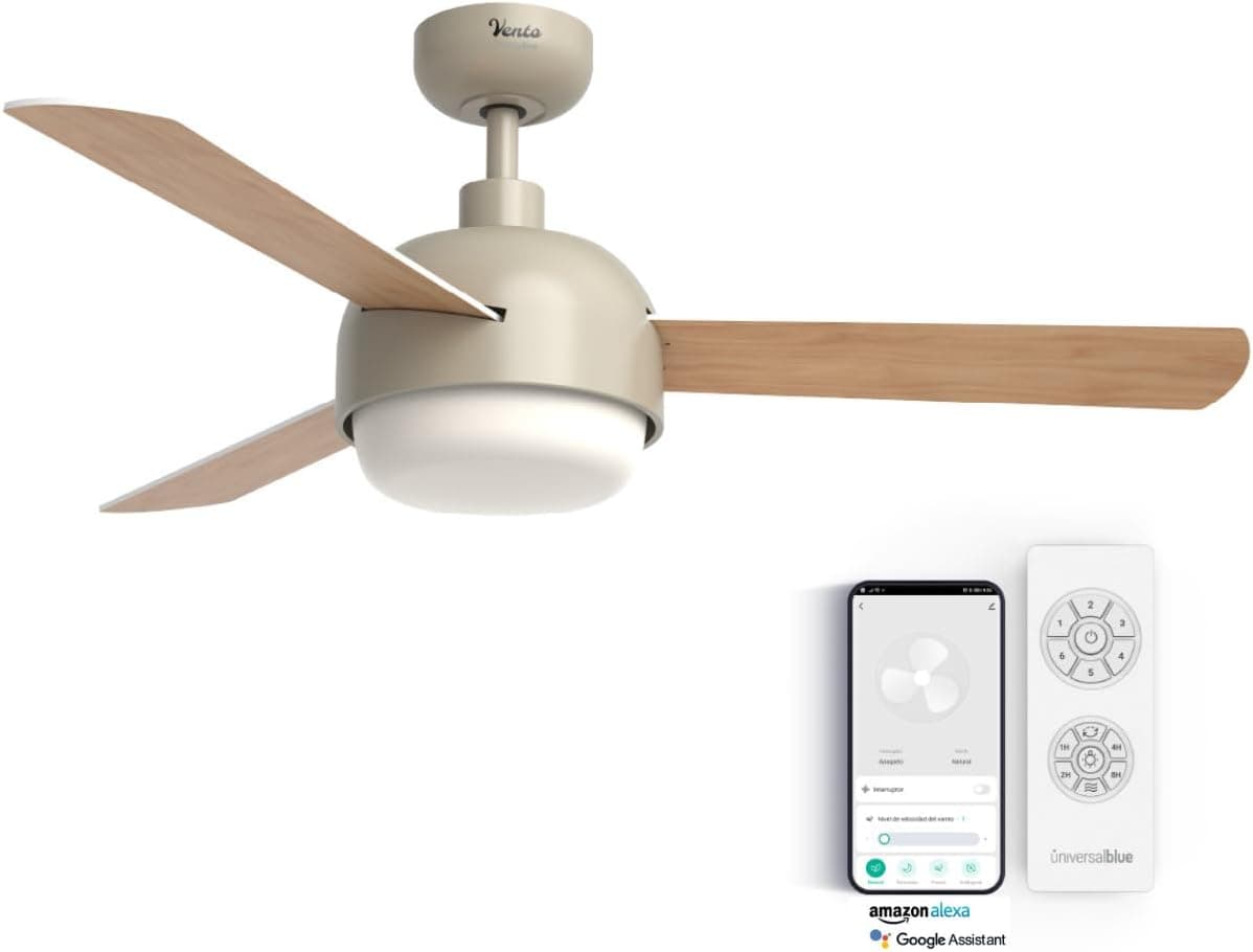 Ventilador de techo UNIVERSALBLUE UNIVERSALBLUE Ventilador de techo con luz LED y WiFi | Color crema | Silencioso con Motor DC | Control por App, Alexa, Google Assistant y mando a distancia | 6 Velocidades | Aspas Reversibles