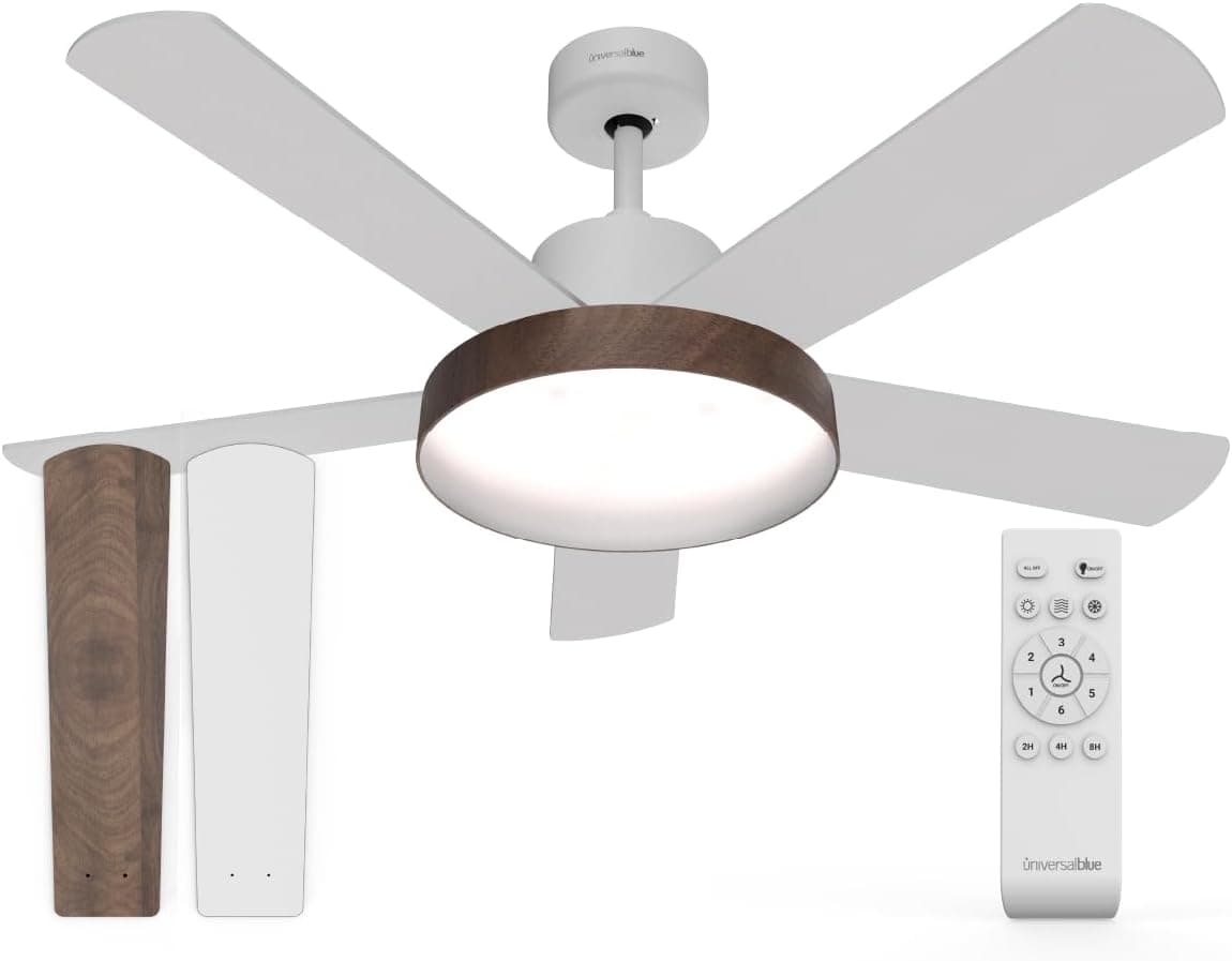 Ventilador de techo UNIVERSALBLUE UNIVERSALBLUE Ventilador de Techo con Luz LED Silencioso | Mando a Distancia | 5 Aspas Reversibles | Diámetro 122 cm | Potencia 60 W | Temporizador | Motor DC | 6 Velocidades | Blanco o Madera