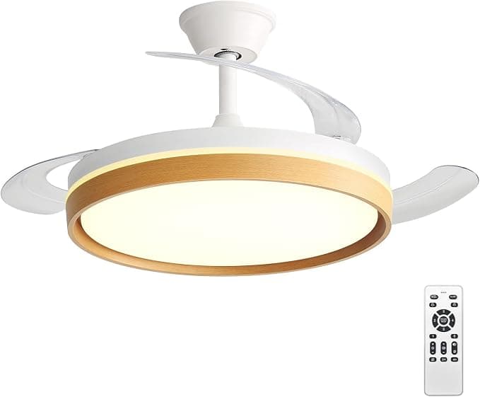 Ventilador de techo Ventilador de Techo con Luz LED 60W, con Mando a Distancia, Ø42in, 6 velocidades, temporizador, aspas retráctiles, 3 temperaturas de luz, función verano-invierno, 5600LM,Marco de efecto madera,Blanco
