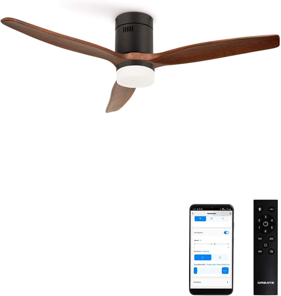 Ventilador de techo CREATE / WINDCALM/Ventilador de techo ABS con luz negro aspas efecto madera oscura con Wifi y mando / 40W, Silencioso, Ø132 cm, 3 temperaturas de luz, temporizador, función verano-invierno