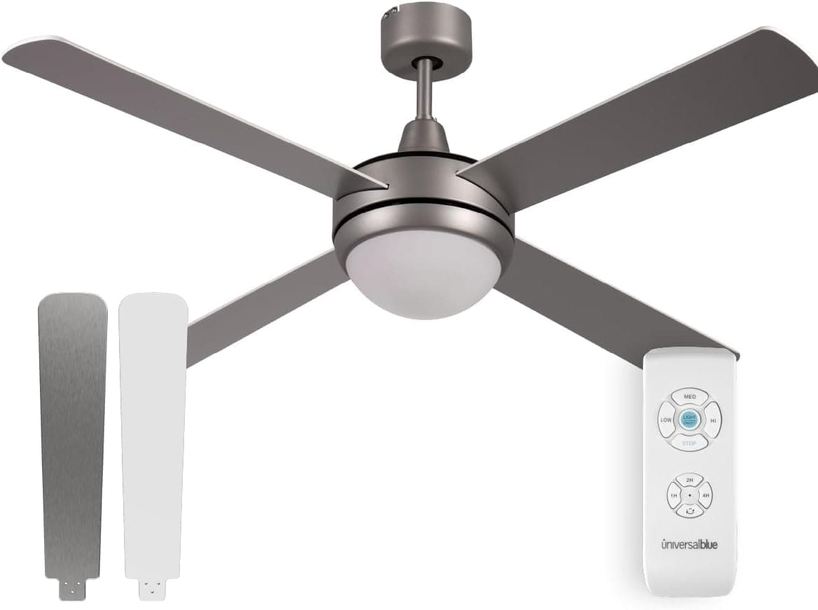 Ventilador de techo Universal Blue UNIVERSALBLUE Ventilador de techo con luz LED | Aspas reversibles inox y blanco | Ventilador silencioso | Motor AC | Mando a Distancia | Diámetro 132 cm | Temporizador | Hasta 30m2