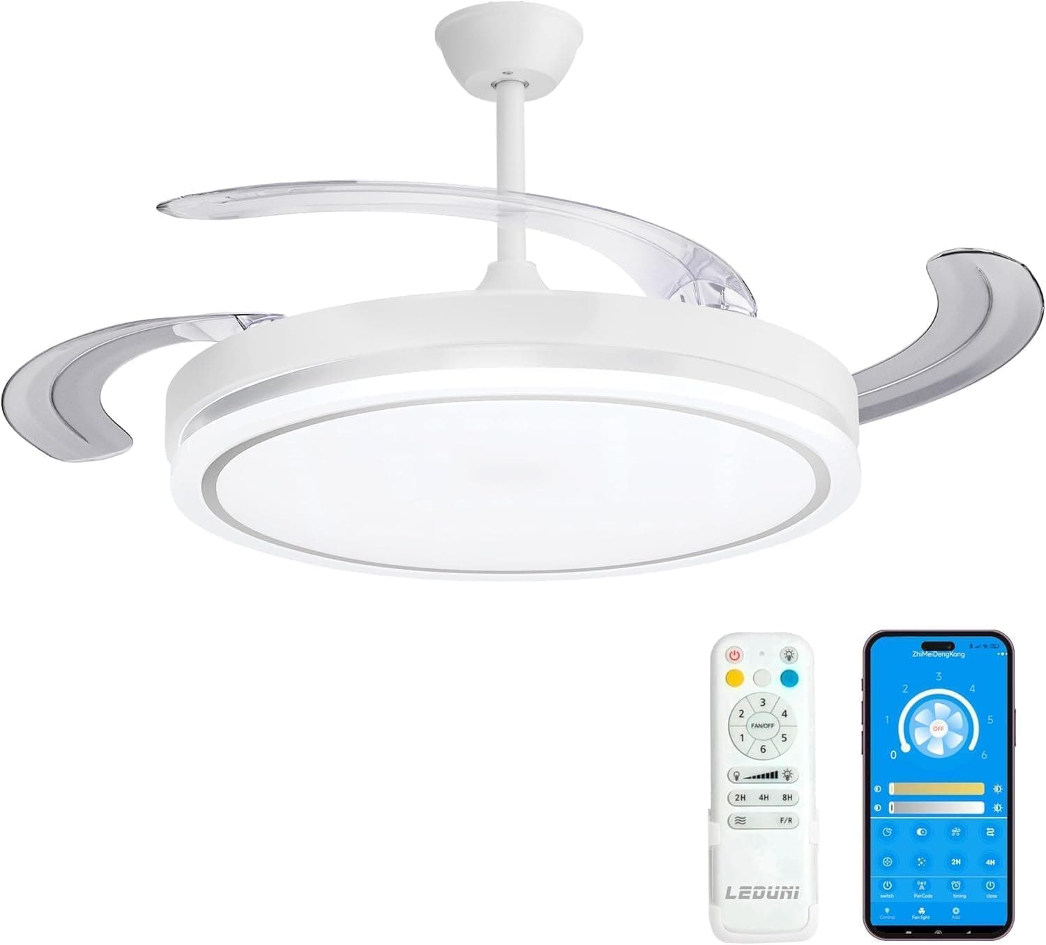 Ventilador de techo Leduni LEDUNI Ventilador de Techo LED con Aspas Retráctiles - 66W, 30W Motor DC+36W Luz 2880LM, Blanco, CCT 3000-6000K, con Control Remoto Funcion verano e invierno (Blanco nieve)