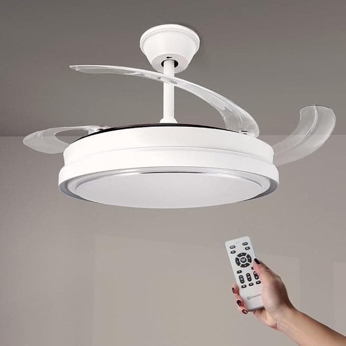 Ventilador de techo M mimotec Ventilador de Techo White Hood 70W con Luz LED Regulable CCT, Motor DC 30W Bajo Consumo + LED 40W, 6 Velocidades, Silencioso, 4 Aspas Desplegables, Verano/Invierno, Temporizador, Mando