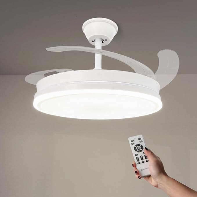 Ventilador de techo M mimotec - White Olga Ventilador de Techo LED 66W con Luz CCT Regulable y Control de Intensidad, Motor DC 30W+Luz Led 36W, Silencioso, 6 Velocidades, 4 Aspas Retráctiles, Temporizador.