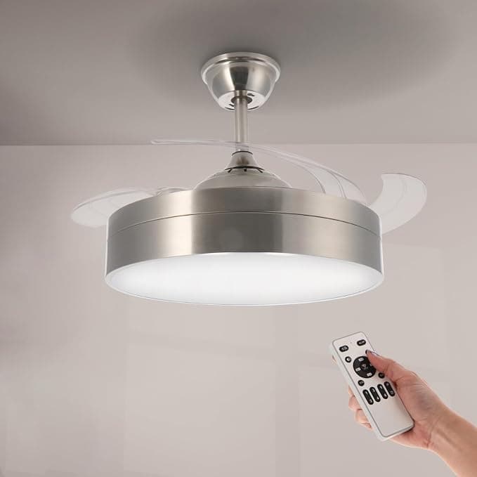 Ventilador de techo M Mimotec Ventilador de Techo LED Messe Niquel 72W con Luz CCT Regulable e Intensidad, Motor DC Ultrasilencioso, 6 Velocidades, 4 Aspas Retráctiles, Temporizador, Mando a Distanciar.