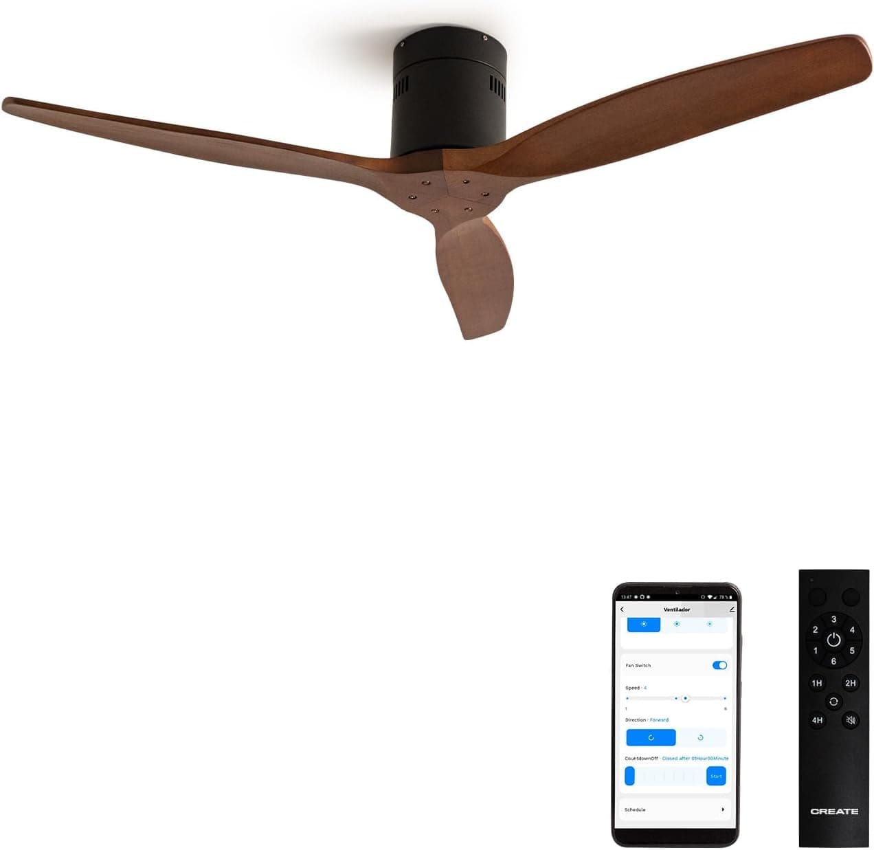 Ventilador de techo CREATE / WINDCALM/Ventilador de techo ABS negro aspas efecto madera oscura con Wifi y mando / 40W, Silencioso, Ø132 cm, 6 velocidades, temporizador, función verano-invierno