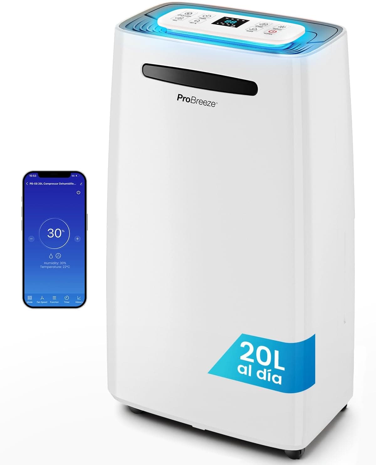 Ventilador de techo Pro Breeze Pro Breeze deshumidificador inteligente 20L/día con Wi-Fi, sensor de humedad, modo ropa y drenaje continuo para condensación y moho en casa