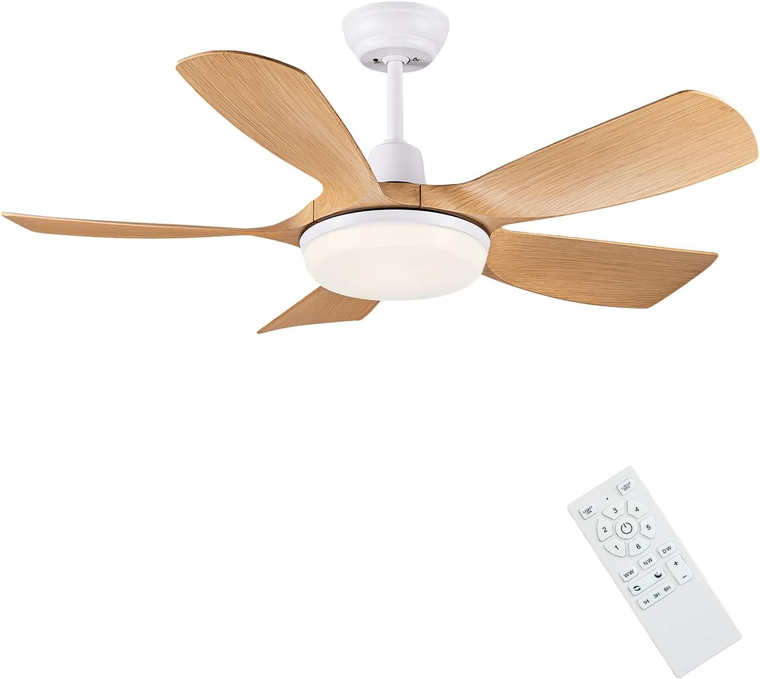 Ventilador de techo Newday Newday 106cm Ventilador de Techo Color de Madera con luz Dimmer y Mando a Distancia Silencioso, Motor DC, 5 Aspas, Función de Memoria para Salon Dormitorio