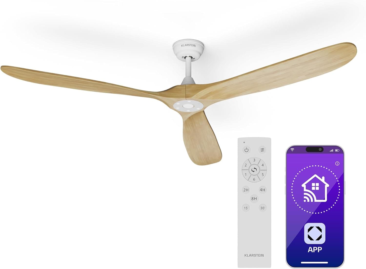 Ventilador de techo Klarstein KLARSTEIN Ventilador de Techo Silencioso, 178 cm, Ventilador Techo sin Luz, 6 Velocidades, Control Inteligente por Voz y App, Función Verano/Invierno, Ideal para Habitaciones hasta 35 m² - Arce