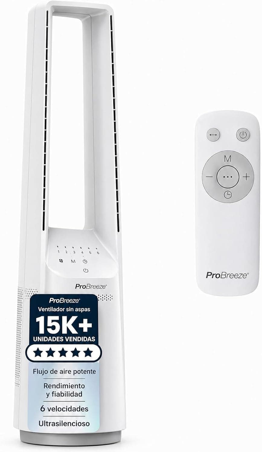 Ventilador de techo Pro Breeze Pro Breeze Ventilador de Torre Silencioso sin Aspas de 101 cm, 4 Velocidades, Mando a Distancia