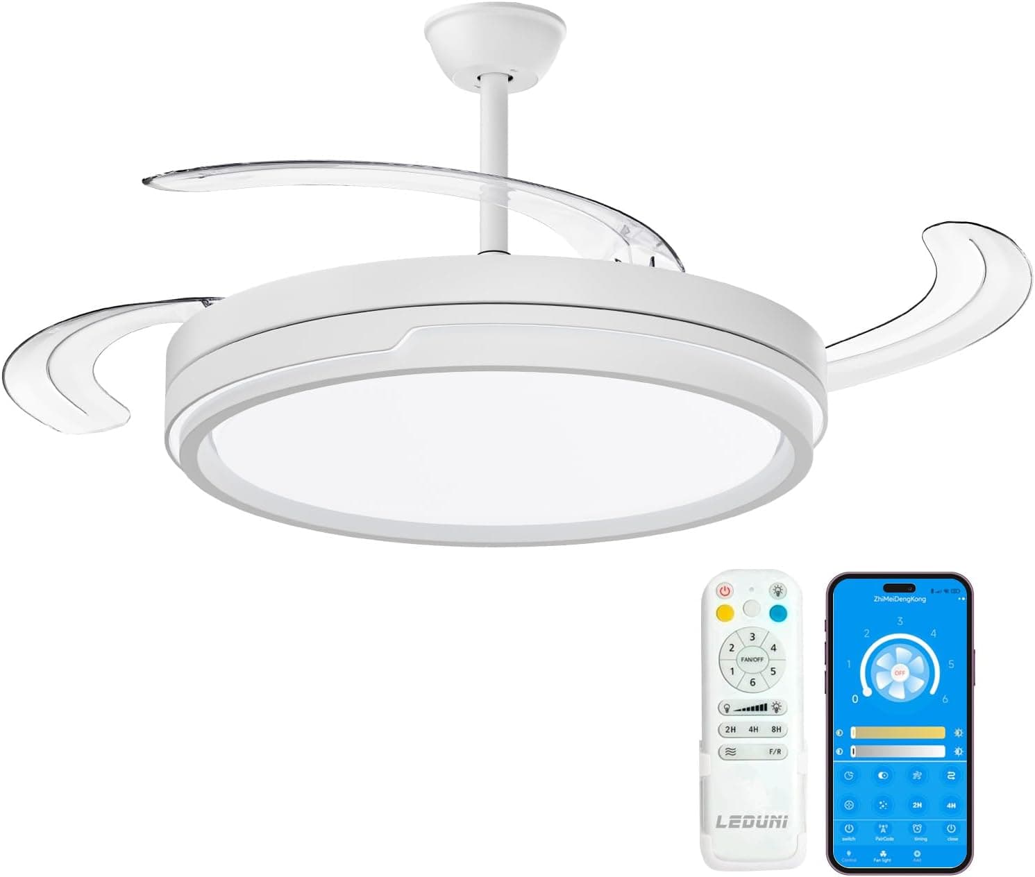 Ventilador de techo Leduni LEDUNI ® Ventilador techo con luz 96W Ventilador Invisible Ultra Silencioso con Mando a Distancia + App y Palas Retráctiles Interiores Plafón lluminación función verano-invierno (Blanco)