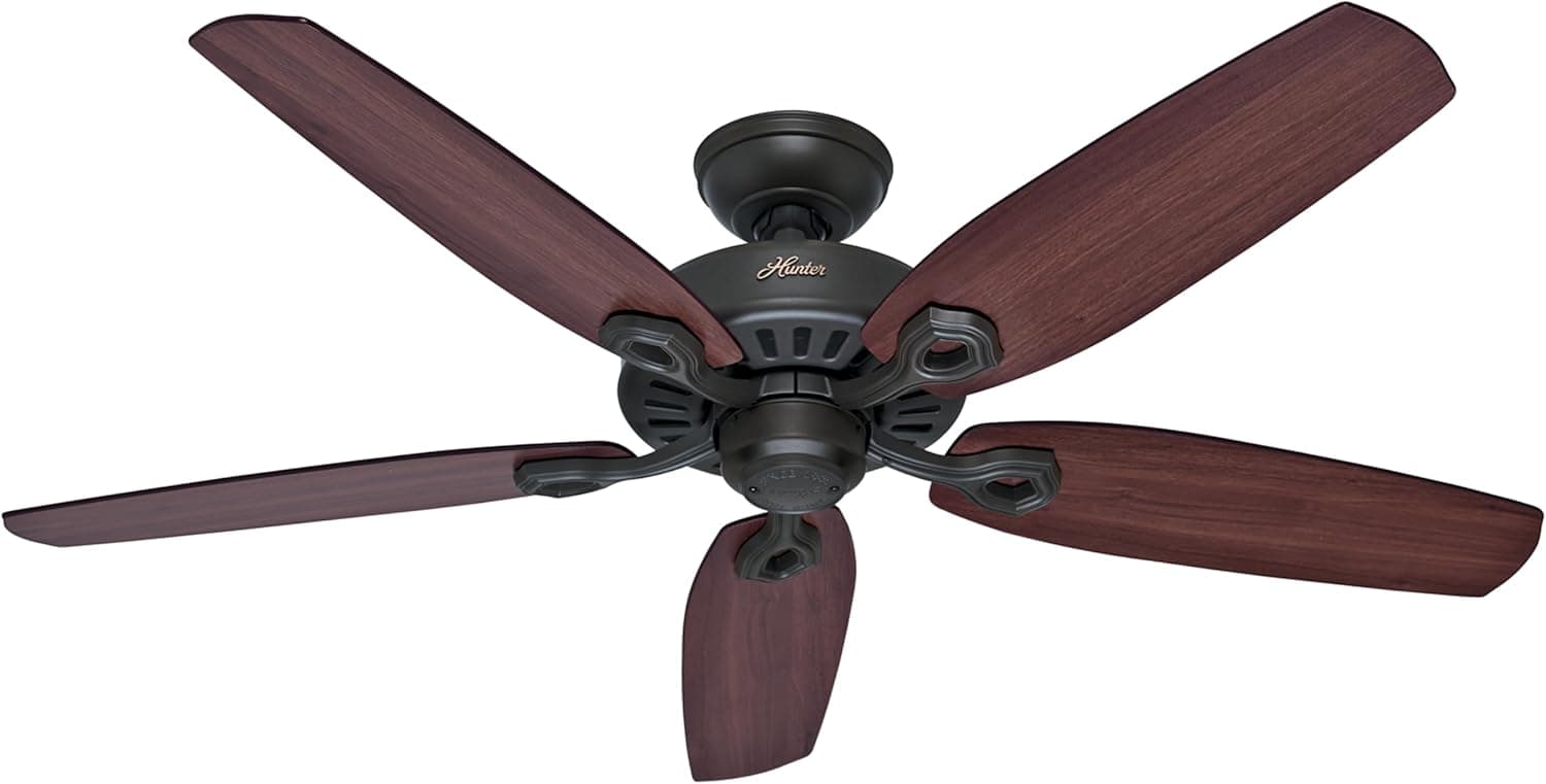Ventilador de techo Hunter HUNTER FAN Builder Elite, 132 cm, Ventilador de Techo para Interior, Silencioso, con Cadena y 5 Aspas Reversibles en Cerezo Brasileño y Nogal Amarillo, para Verano o Invierno, Acabado Bronce Nuevo, Modelo 50567