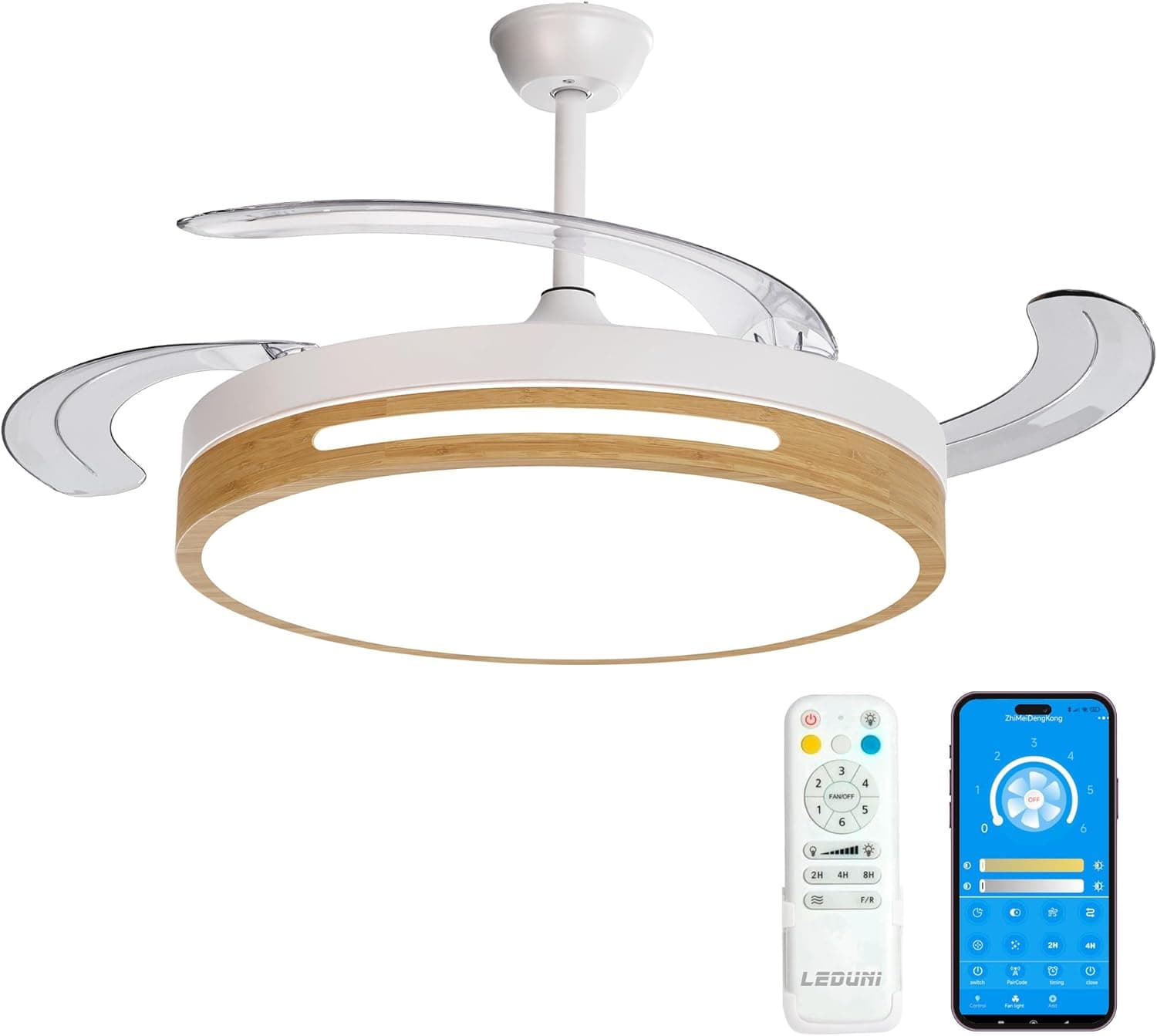 Ventilador de techo Leduni LEDUNI Ventilador de techo con luz con mando 3 aspas, Motor DC 30W+Luz LED,temporizador, 6 velocidades, aspas retráctiles, 3 temperaturas de luz, función verano-invierno Silencioso (Madera, 50CM)