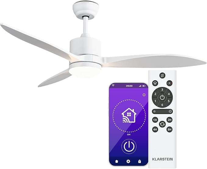 Ventilador de techo KLARSTEIN SkyBreeze Ventilador de Techo con Luz - IP44 Exterior/Interior, Control Inteligente, Silencioso 40dB, 6 Niveles de Velocidad, Modo Verano/Invierno, Luz Regulable, Blanco