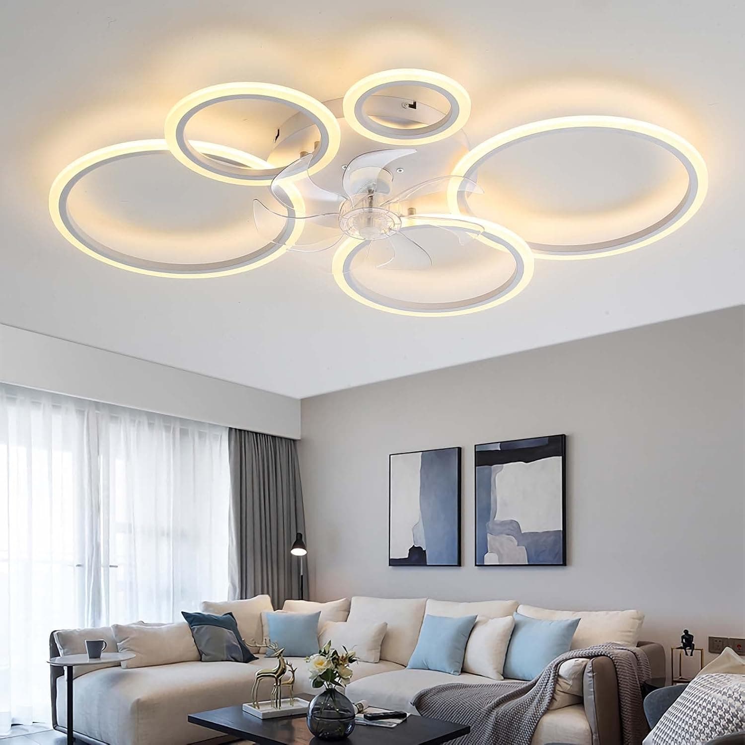 Ventilador de techo YUNZI YUNZI Moderno Ventilador de Techo con Iluminación con Mando a Distancia LED 72W Regulable Luz de Techo, Lámpara de Techo para Sala de Estar Dormitorio Cocina, 6 Velocidades, Blanco 100cm