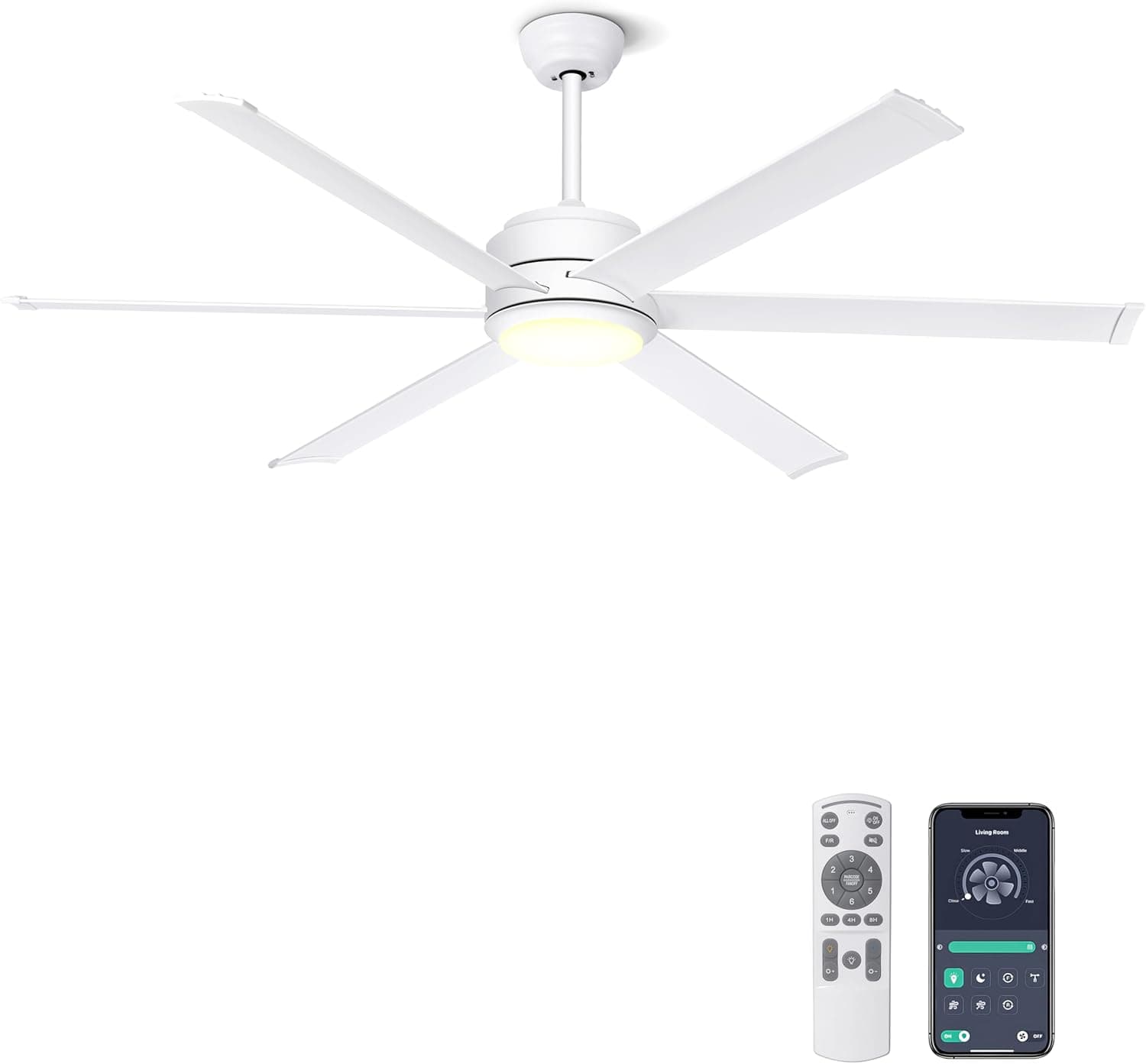 Ventilador de techo Ohniyou Ohniyou Ventilador de Techo con Luz, Ventilador Techo Industrial de 152 cm, Mando a Distancia y Aplicación, Luz Regulable, Motor DC Silencioso, Ventiladores de Techo para Patio Sala de Estar, Blanco