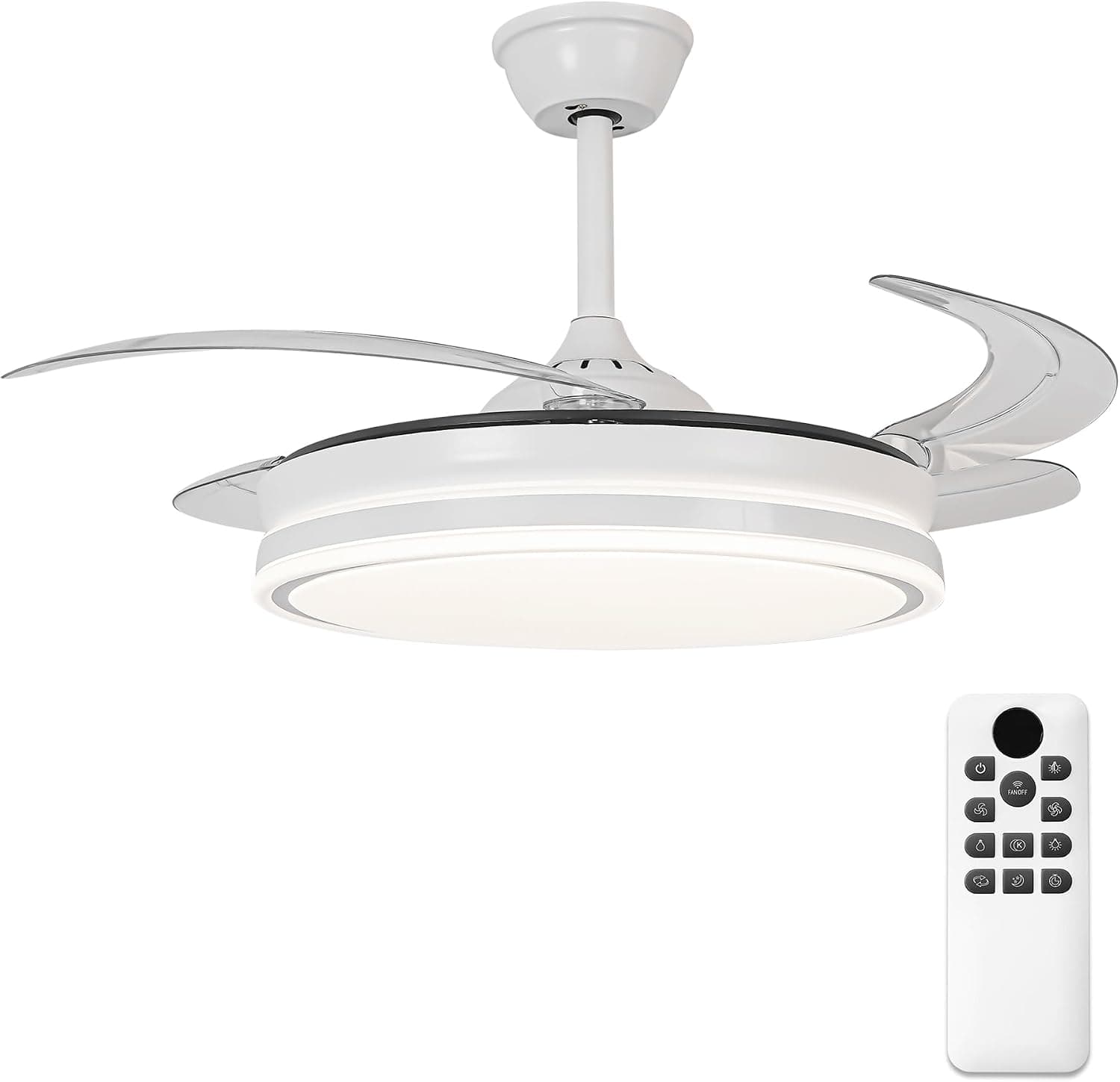 Ventilador de techo Parrot Uncle Parrot Uncle Ventilador de Techo con Luz y Aspas Retráctiles, 36W, Motor DC Silencioso, 4 Aspas 106cm, Función Verano e Invierno, 6 Velocidades, Programable, Mando a Distancia, Blanco -Circulo