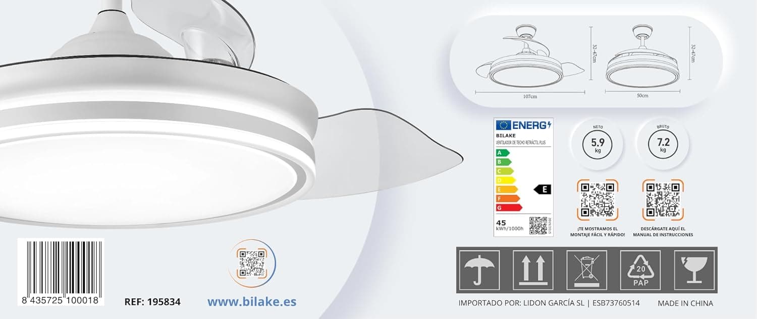 Ventilador de techo Bilake Bilake Lampara Ventilador Techo luz led 45W 6300 LM silencioso Moderno Blanco aspas retractiles Motor DC 3LED y Memoria retráctil Plus