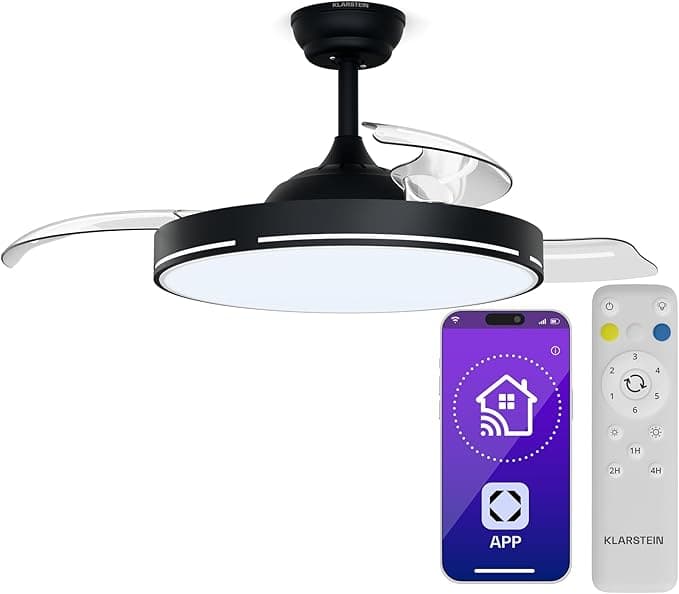 Ventilador de techo KLARSTEIN AirFold Ventilador Techo Aspas Retráctiles - Luz LED Regulable, Control Inteligente, Silencioso <40dB, 107cm, Mando a Distancia & App, Negro