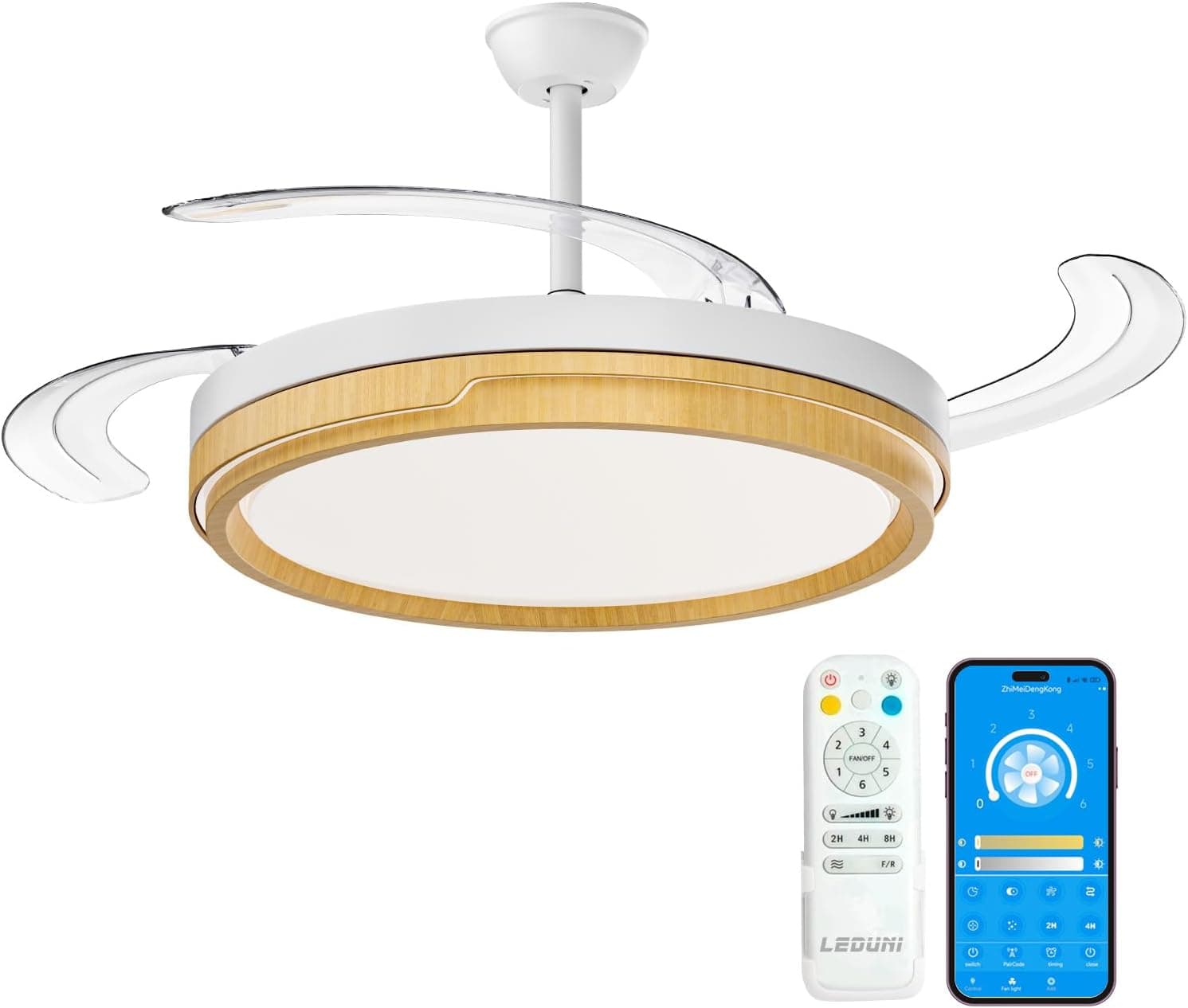 LEDUNI ® Ventilador techo con luz 66W+30W de Motor DC,Silencioso con Mando a Distancia y Palas Retráctiles Interiores Plafón lluminación función verano-invierno+Control APP (Madera Nielo)