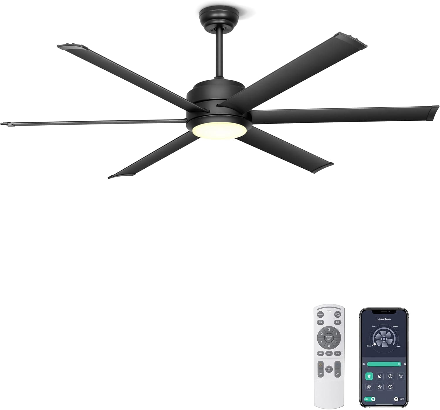 Ventilador de techo Ohniyou Ohniyou Ventilador de Techo con Luz Silencioso, Ventilador Techo Industrial de 152 cm con Control Remoto y APP, Luz Regulable, Motor de CC, Ventiladores de Techo Grande para Patio Sala de Estar, Negro