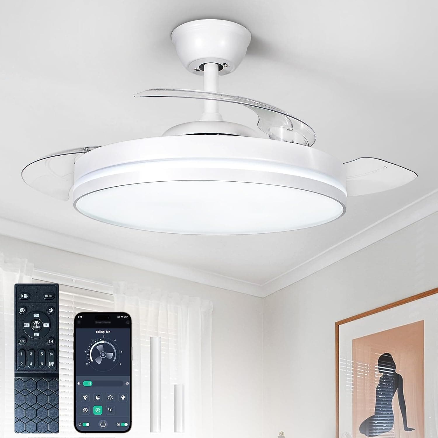 Ventilador de techo Depuley Depuley Ventiladores de techo retráctiles con luces: Ventilador de techo Fandelier de 42 pulgadas Control mediante aplicación - Ventilador blanco regulable con aspas invisibles y reversible para salón