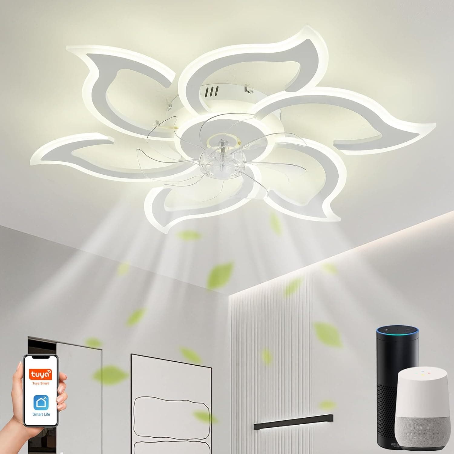 Ventilador de techo Sin marca Smart Lampara Ventilador Techo, Compatible con Alexa y Google Home, Luz LED Regulable
