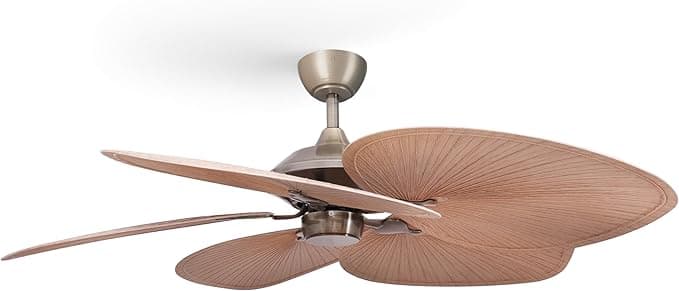 Ventilador de techo Sulion - Ventilador de Techo LOLA Palas Hoja de Palma | Motor DC Silencioso 6 Velocidades | Función Verano-Invierno, Naturwind y Temporizador | Acabado Latón Envejecido