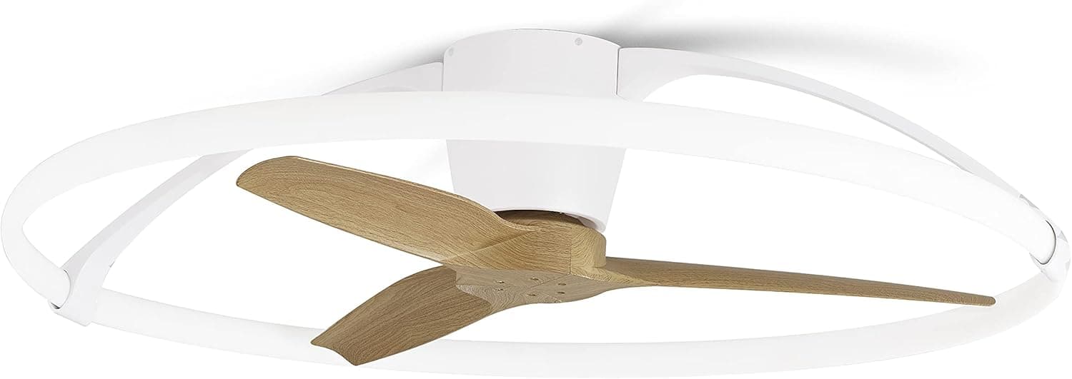 Ventilador de techo Mantra Iluminación. Modelo NEPAL. Ventilador y plafón de techo de 105 cm de diámetro en color blanco y haya. Fuente de luz LED 75W 2700K-5000K 7200lm. Ventilador 35W