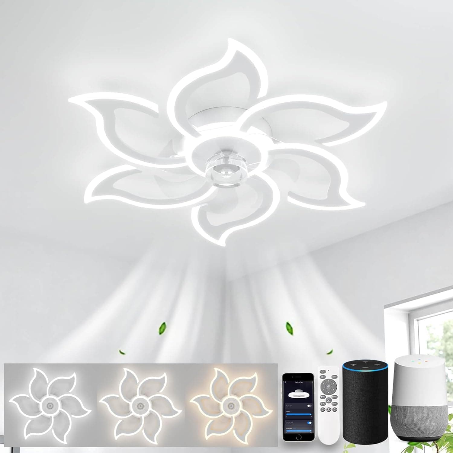 Ventilador de techo Sin marca LJX Lampara Ventilador Silencioso Compatible con Alexa, Motor DC, Luz LED Regulable
