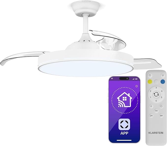 Ventilador de techo KLARSTEIN AirFold Ventilador Techo Aspas Retráctiles - Luz LED Regulable, Control Inteligente, Silencioso <40dB, 107cm, Mando a Distancia & App, Blanco