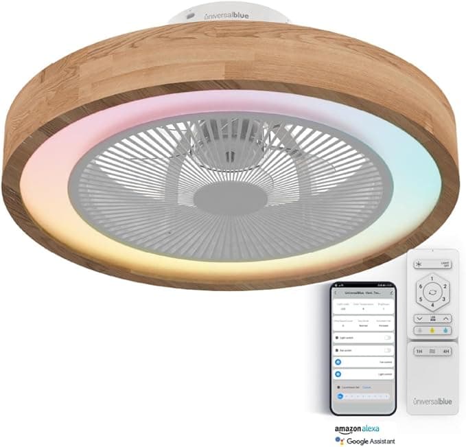 Ventilador de techo UNIVERSALBLUE Ventilador de Techo con Luz LED Multicolor y WIFI | Ventilador sin Aspas con Luz Regulable | Acabado en Madera | Alexa & Google Assistant