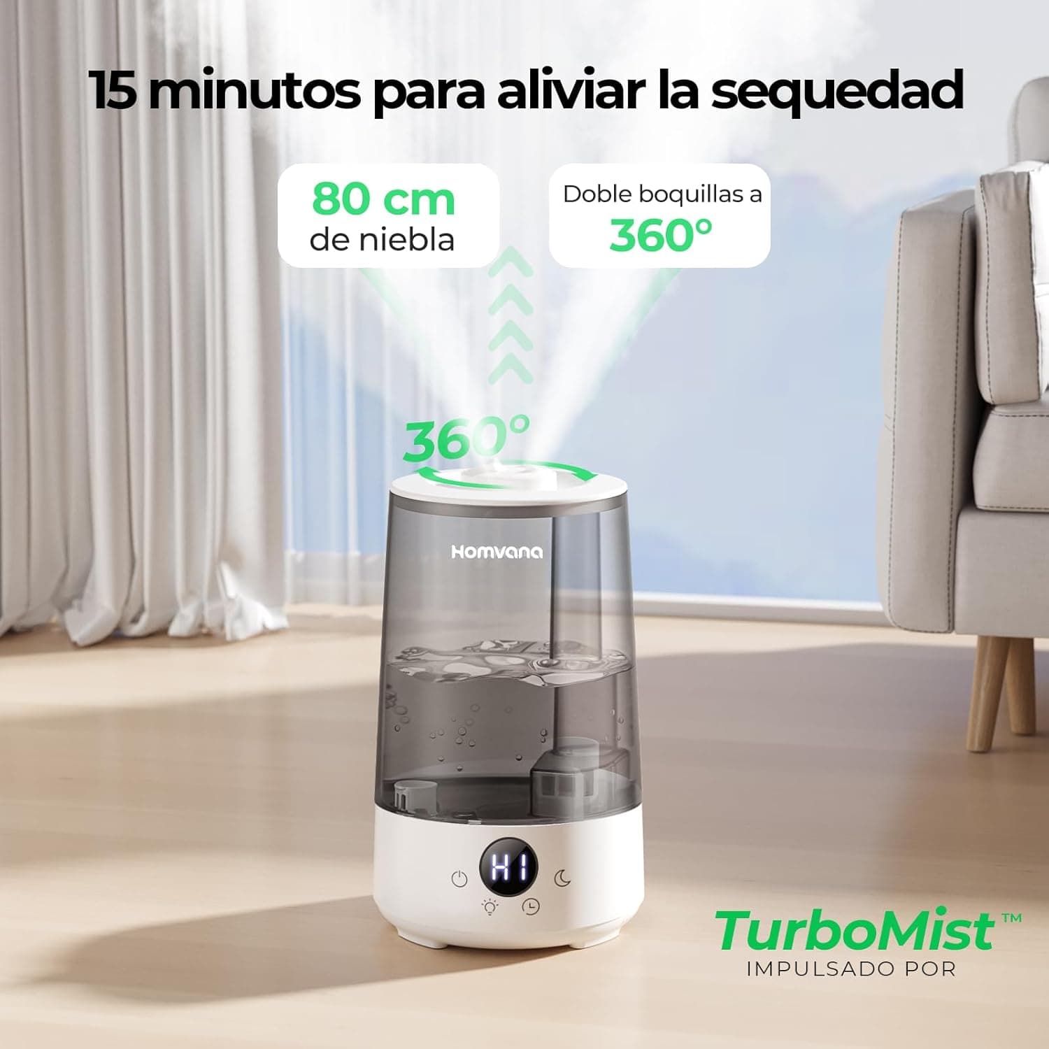 Ventilador de techo Homvana Homvana Humidificador Bebes Mocos y Tos, 3.6L Cool Mist 16dB Silencioso (SilentSpray), Top-Fill 34 Horas de Funcionamiento, con Bandeja de Aroma, BPA Free Bebés y Plantas, 7 Color Light, Sleep Mode