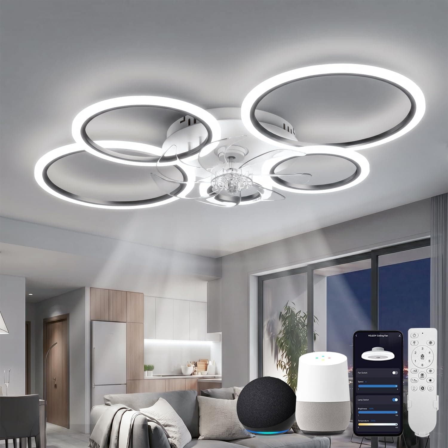 Ventilador de techo Sin marca Lampara Ventilador Techo Led Compatible con Alexa y Google Home, Aspas Retráctiles
