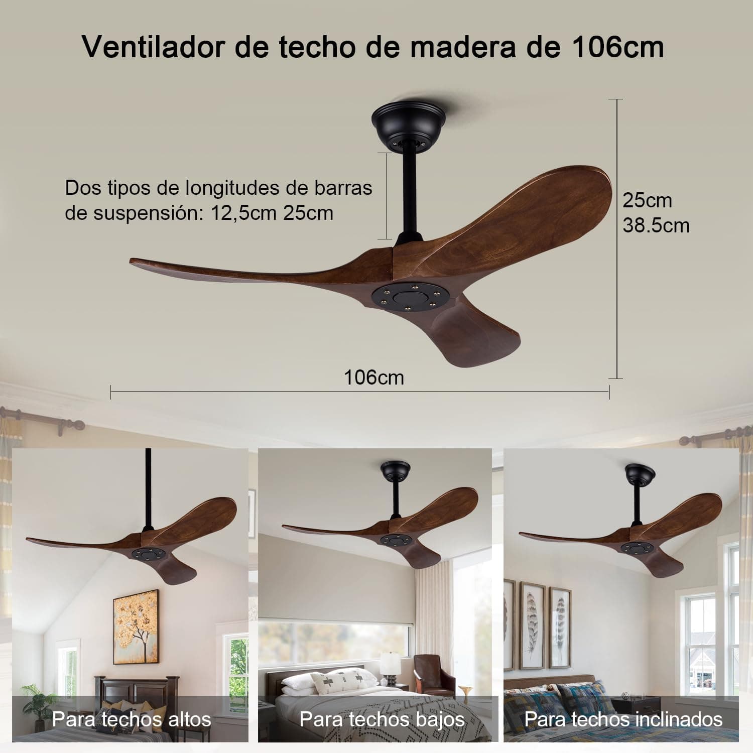 Ventilador de techo BOJUE BOJUE Ventilador de techo sin luz 106 cm - Ventilador de techo de madera con mando a distancia, 6 velocidades, motor DC silencioso, para dormitorio/patio/porche (aspas nogal oscuro)