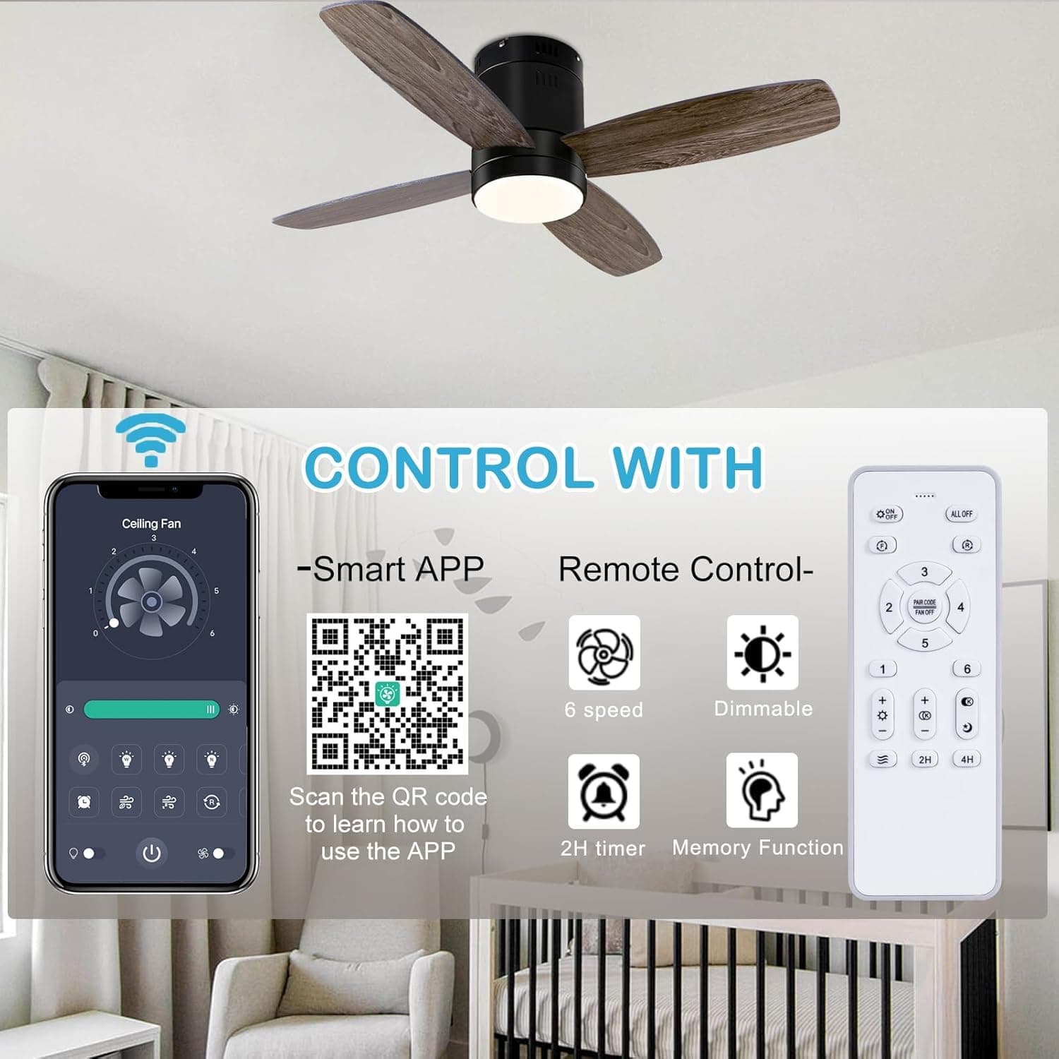 Ventilador de techo Ohniyou Ohniyou Ventilador de Techo con Luz, 38''(96.5 cm) Ventiladores de Techo Silencioso, con Mando a Distancia y APP, Luz Regulable, 6 Velocidades, Reversible, para Patio Cocina Dormitorio(Negro)