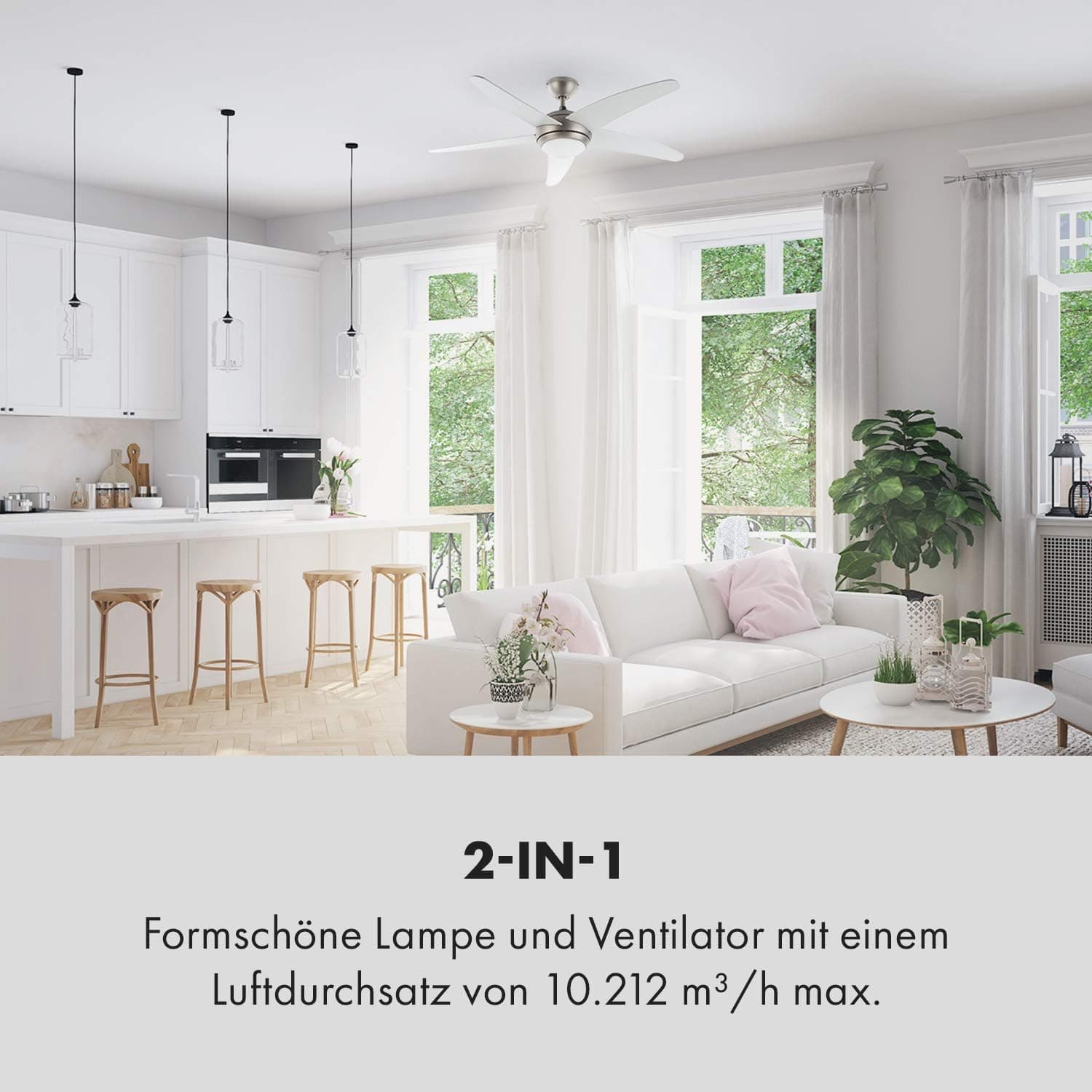 Ventilador de techo Klarstein Klarstein Bolero – Ventilador de techo 2 en 1 134 cm de diámetro, lámpara de 55 W de potencia, hojas de madera, mando a distancia, 50 dB, 3 velocidades: rápido, medio y lento