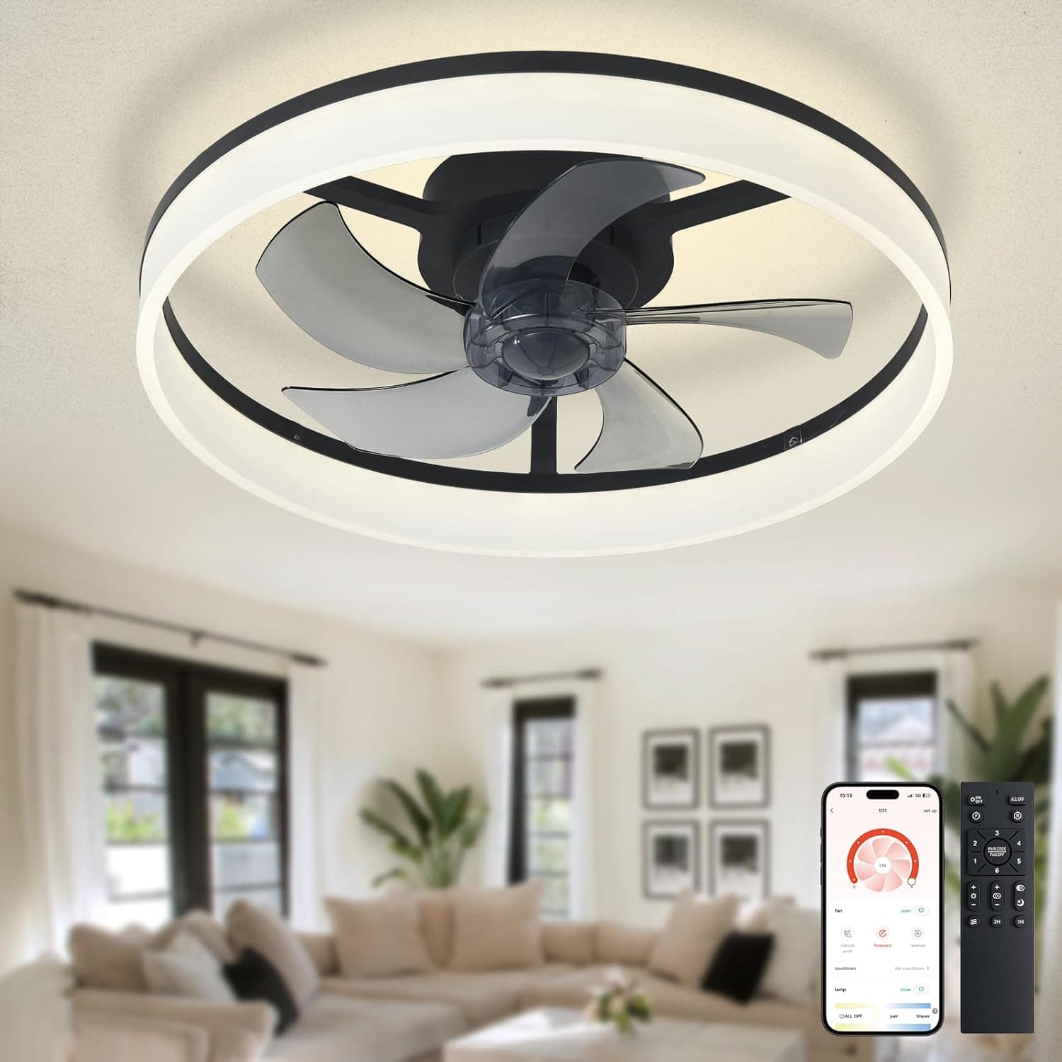 Ventilador de techo Depuley Depuley Ventilador de techo LED con luz: ventilador moderno de perfil bajo de 20" con montaje empotrado y mando a distancia con aplicación - Lámpara con ventilador sin aspas regulable para dormitorio