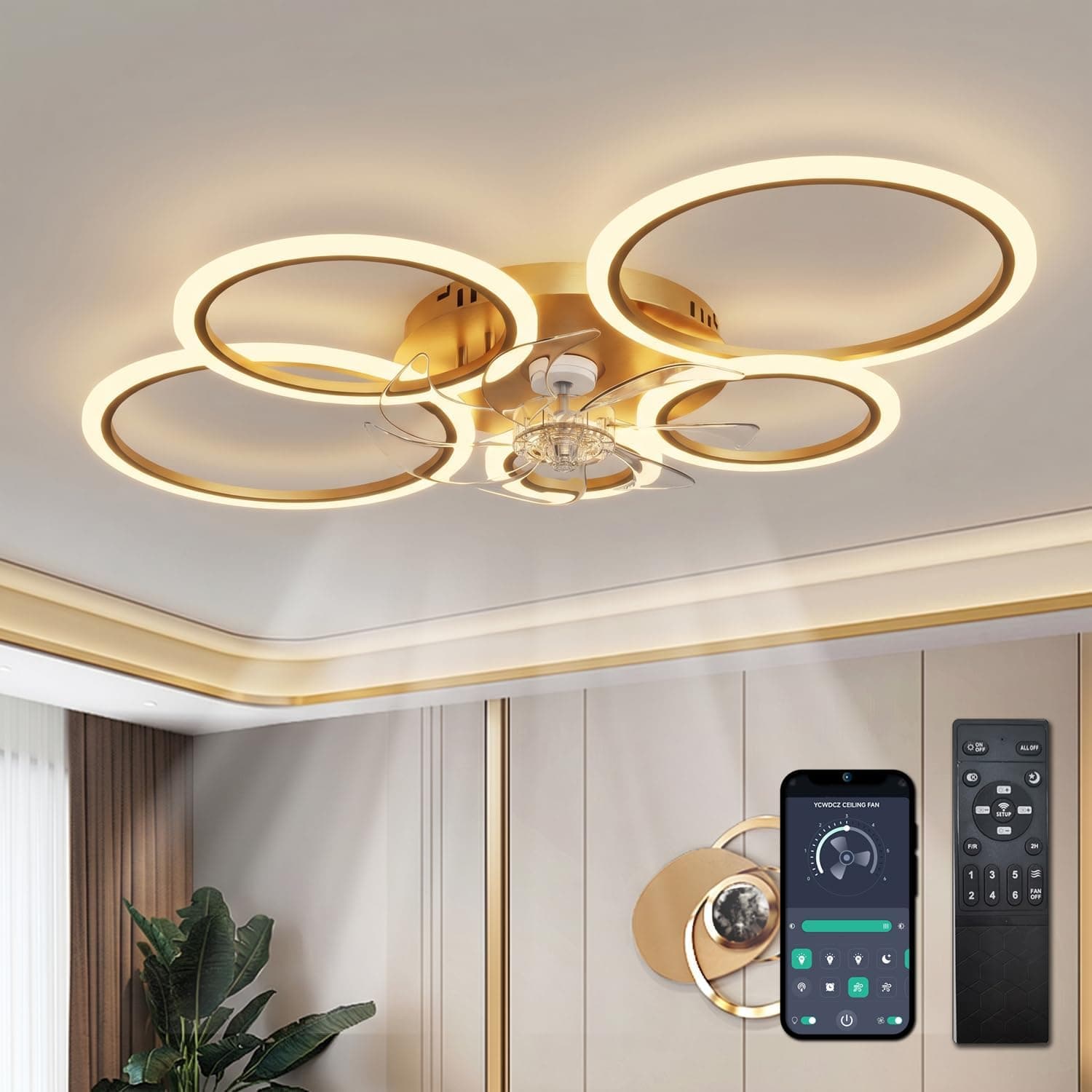 Ventilador de techo Ycwdcz ycwdcz Lampara Ventilador Techo Led, Anillo de Luz RGB con Mando