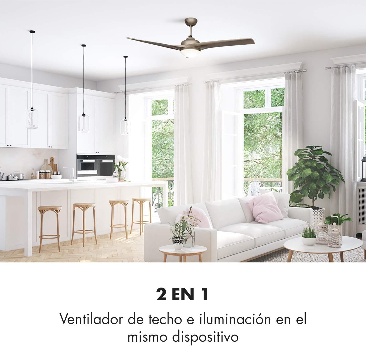 Ventilador de techo Klarstein KLARSTEIN Figo - ventilador de techo, 2 en 1: ventilador de techo, 52" (132 cm) de diámetro, 3 aspas, caudal de 10.039 m³/h, 2 sentidos de giro, 3 velocidades, silencioso, crema